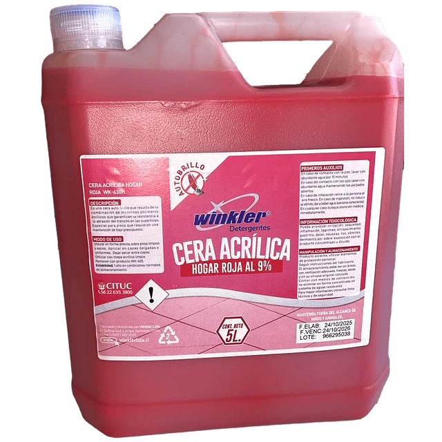 Cera Acrilica Autobrillo Hogar Roja (9%) WK-630Hr 5L