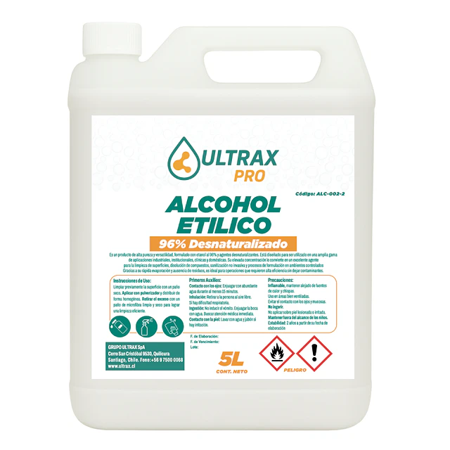 Alcohol Etilico 96% Desnaturalizado Ultrax Pro 5L