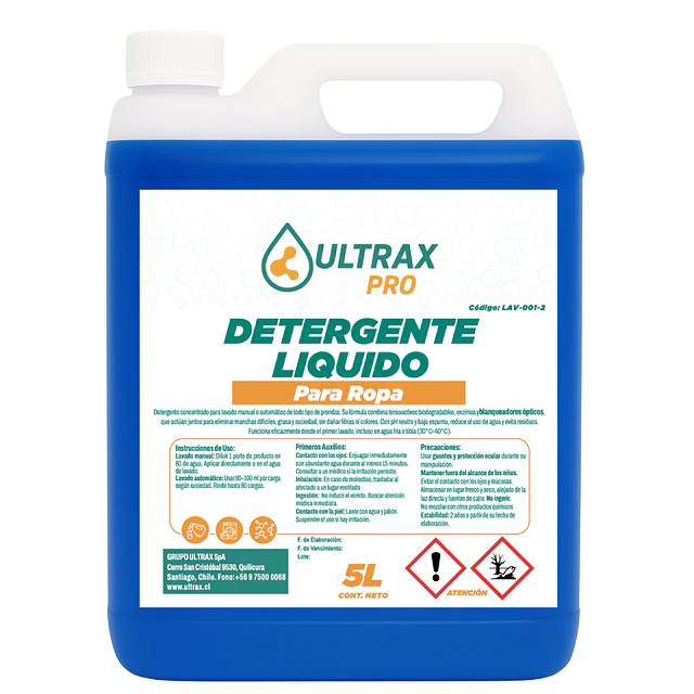 Detergente Liquido Ropa Concentrado Ultrax Pro 5L
