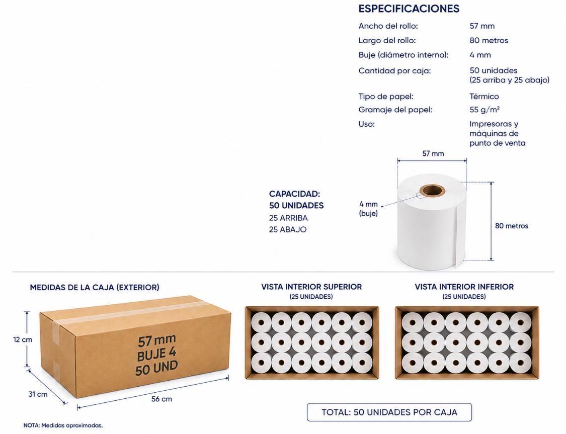 PAPEL CONTINUO PARA  BALANZA  57MM X 80 MTS CAJA 50 UND