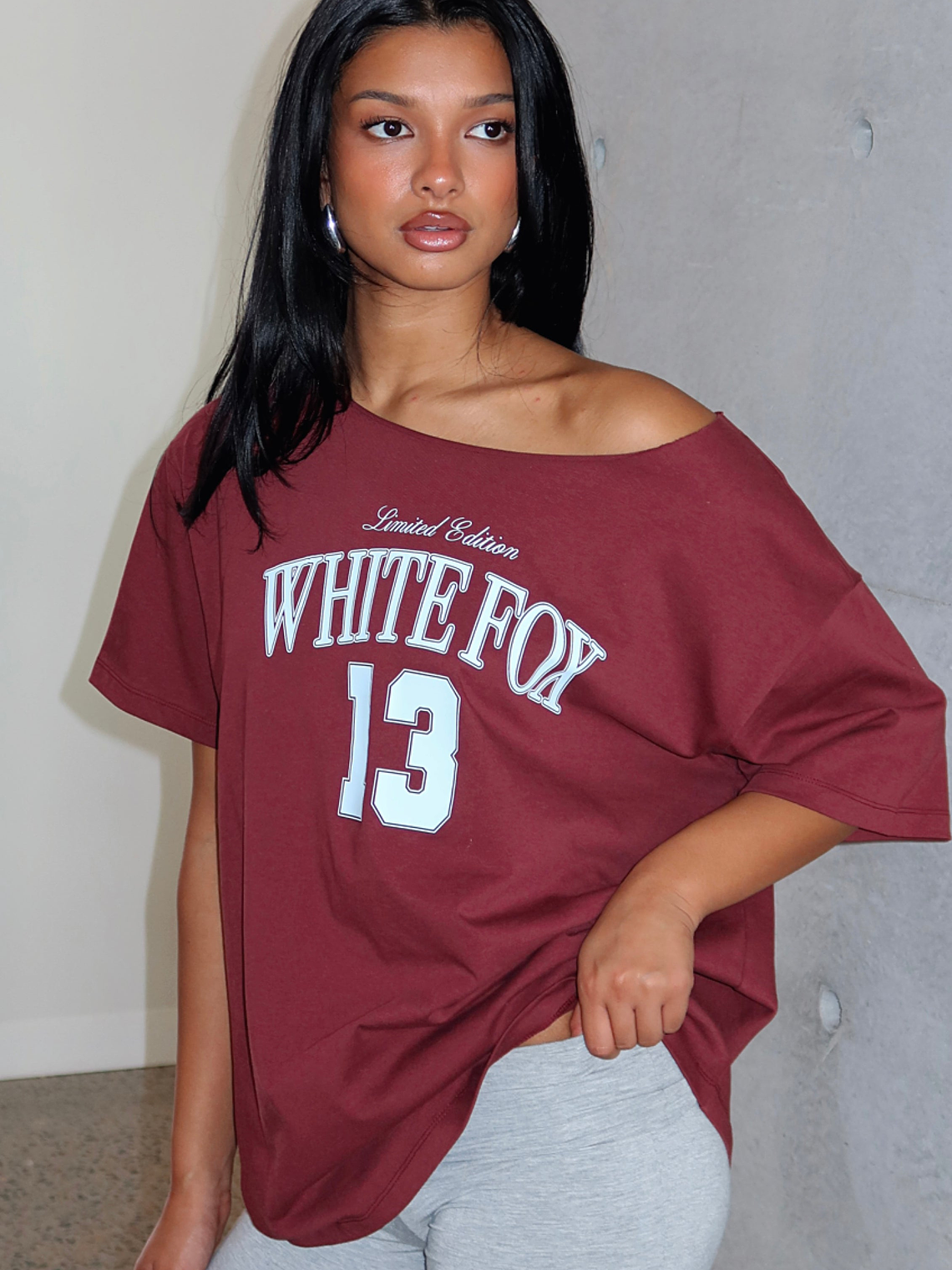 Everything In Time Off Shoulder Oversized Tee Burgundy 1
