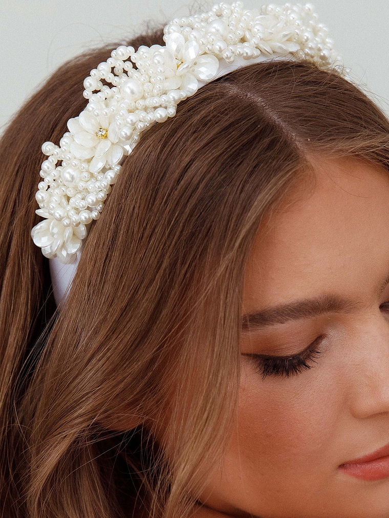 Floral Pearl Wide Headband White 3