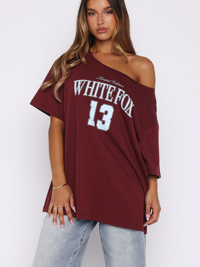 Everything In Time Off Shoulder Oversized Tee Burgundy 2