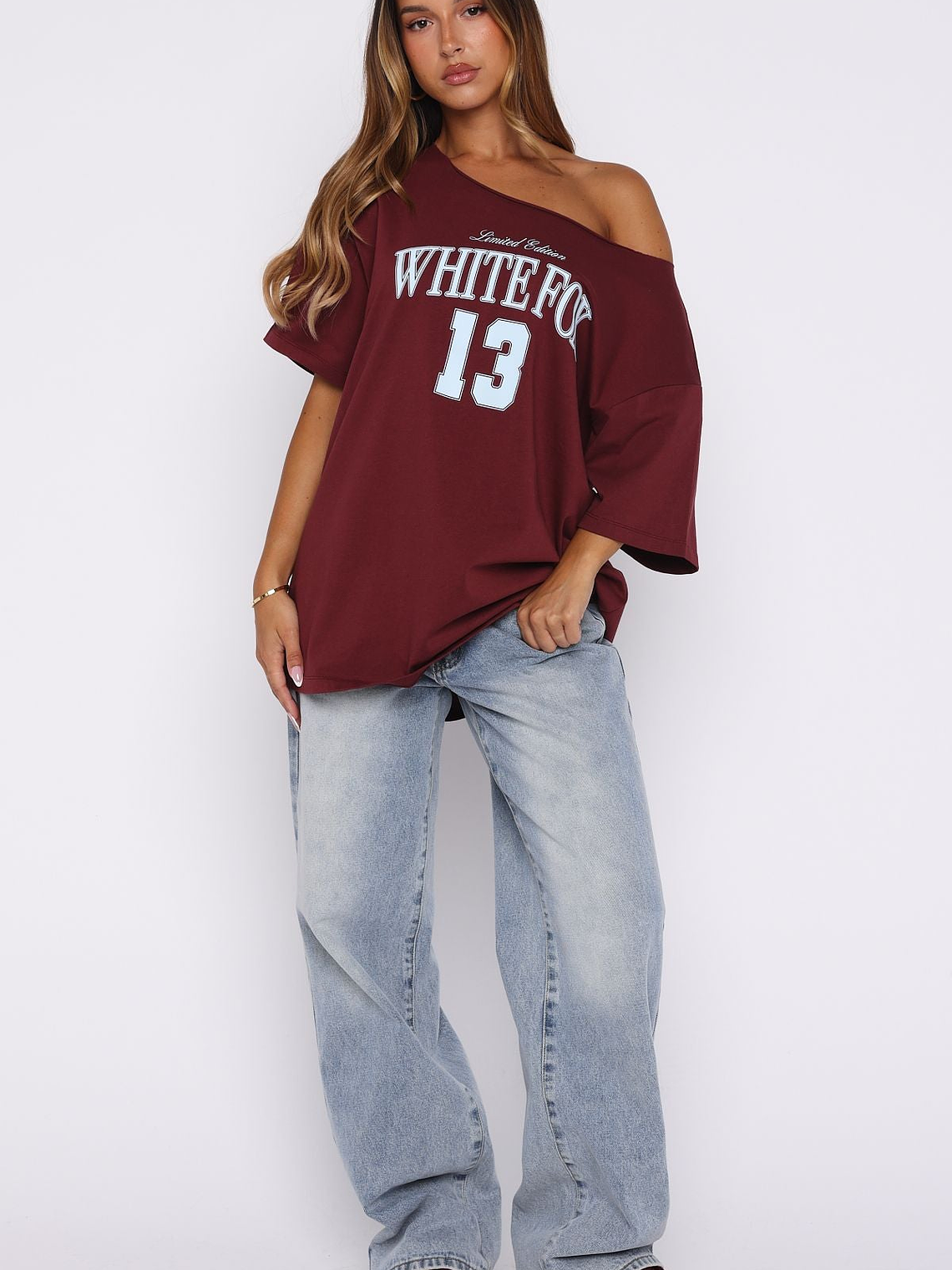 Everything In Time Off Shoulder Oversized Tee Burgundy 5