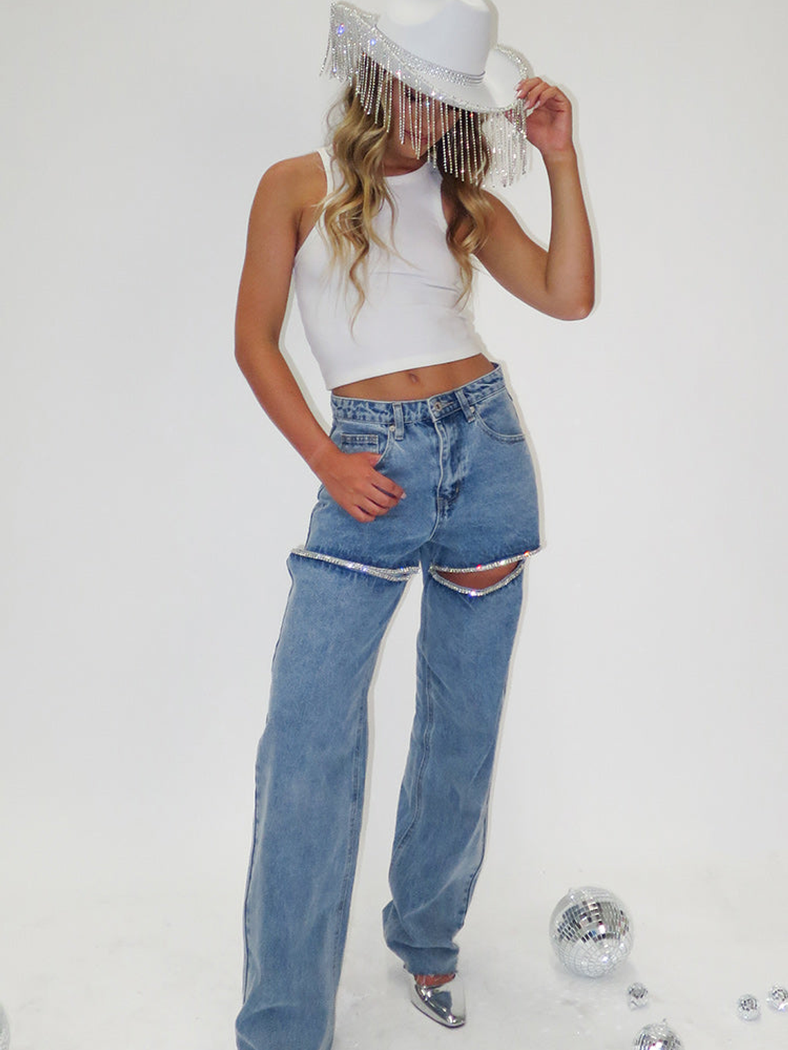 Gem Diamante Trim Wide Leg Denim Jeans 7