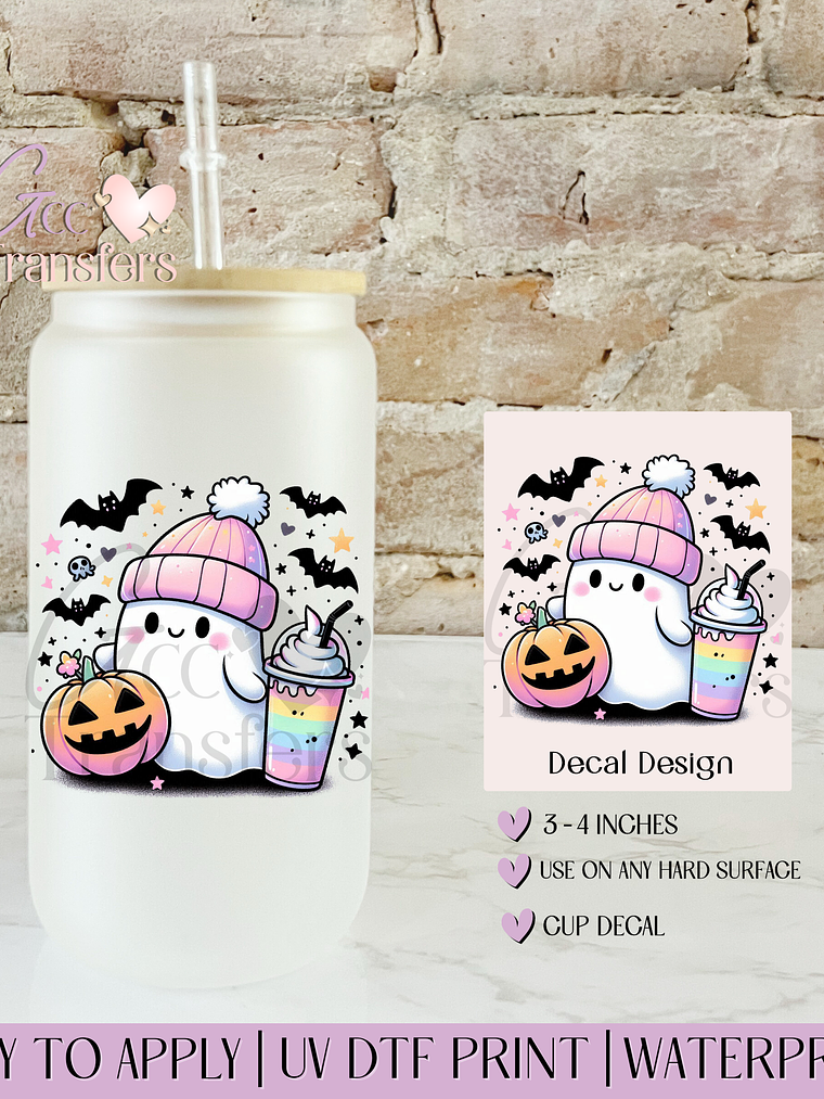 Cute Ghost Coffee Pumpkin Colorful - Decal UVDTF 1