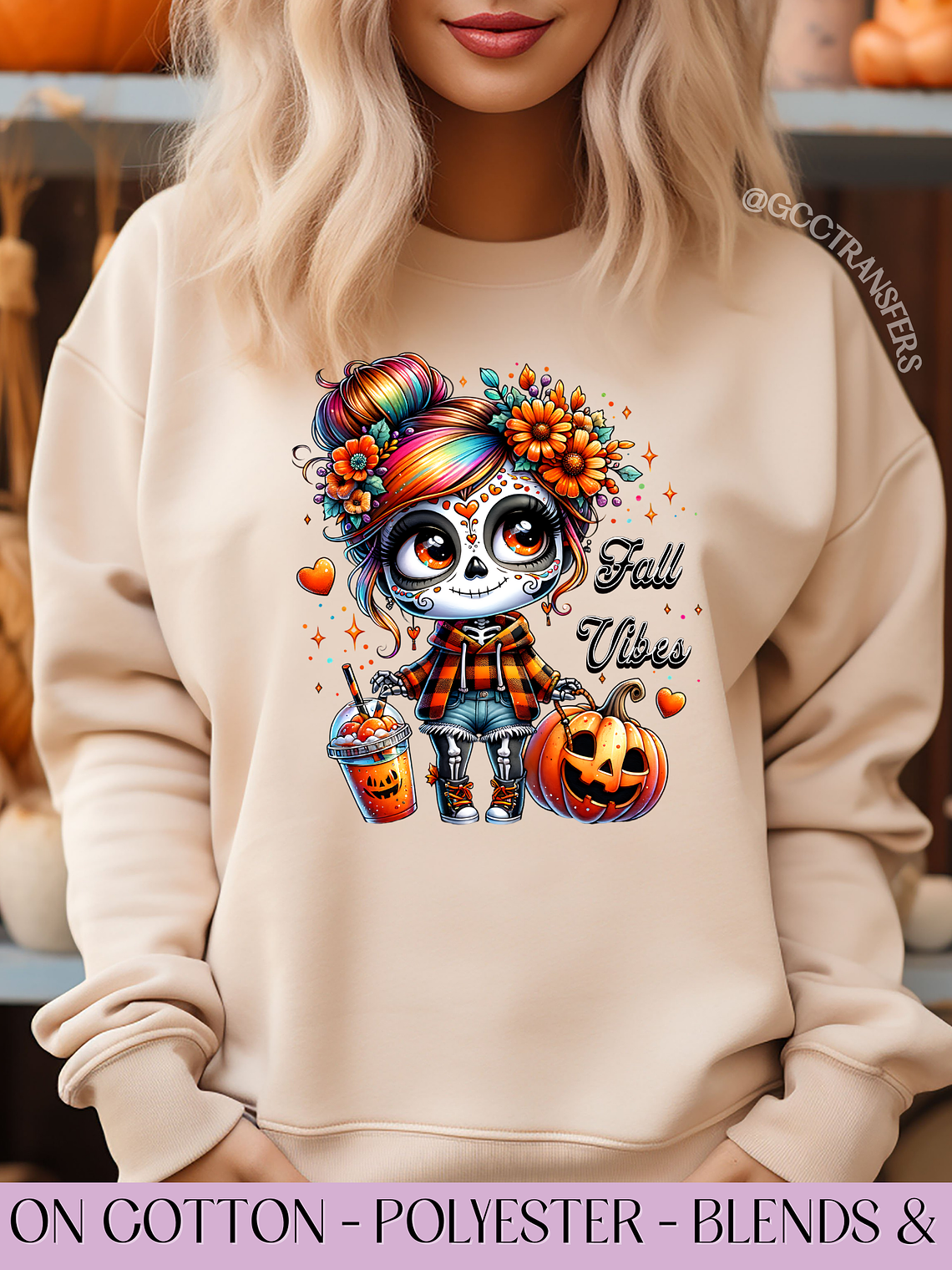 Fall Vibes Colorful Dia de los Muertos - Full Color DTF Transfer 1