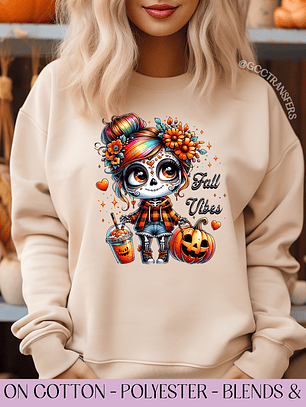 Fall Vibes Colorful Dia de los Muertos - Full Color DTF Transfer