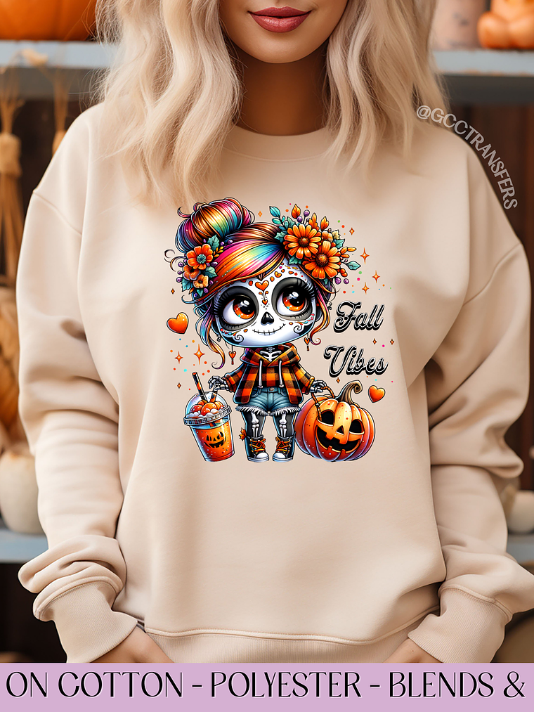 Fall Vibes Colorful Dia de los Muertos - Full Color DTF Transfer 1