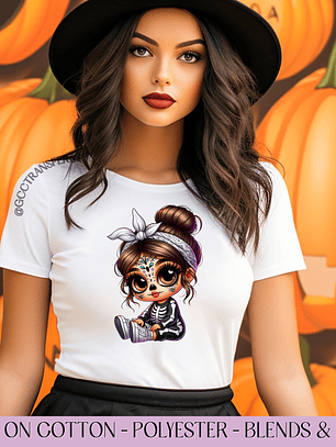 Baby Latina Dia de los Muertos Blue Banda Bun- Full Color DTF Transfer