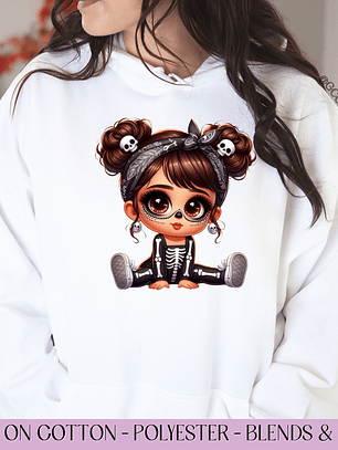 Baby Latina Dia de los Muertos 2 Buns Skull - Full Color DTF Transfer
