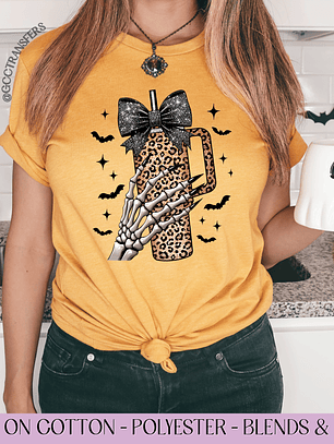 Coquette Bow Skeleton Cup Leopard  - Full Color DTF Transfer