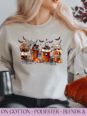 Pumpkin Spice Horror Characters Coffee  - Full Color DTF Transfer