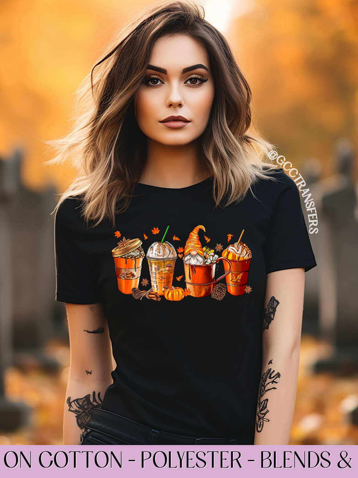 Gnomes Halloween Fall Coffee - Full Color DTF Transfer 1