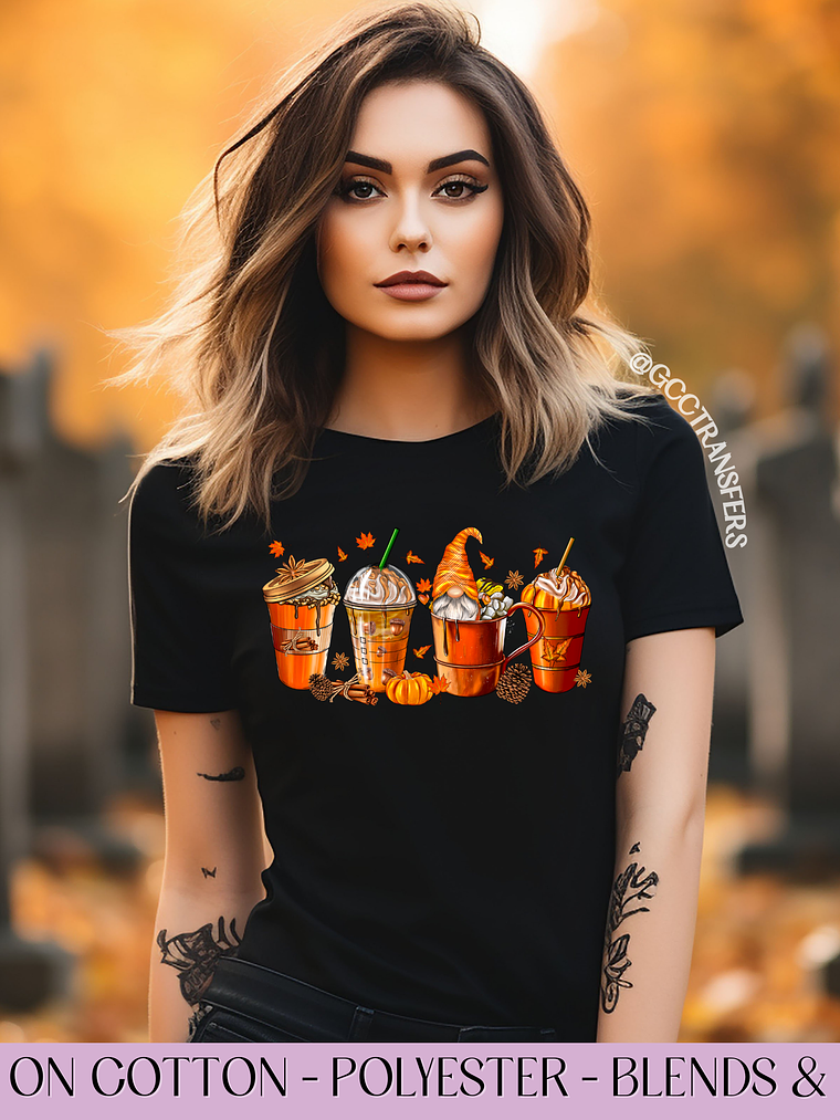 Gnomes Halloween Fall Coffee - Full Color DTF Transfer 1