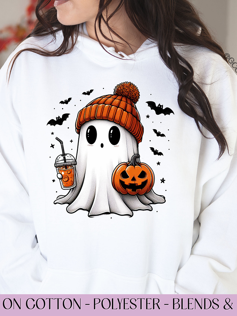 Cute Ghost Coffee Pumpkin - Full Color DTF Transfer 1