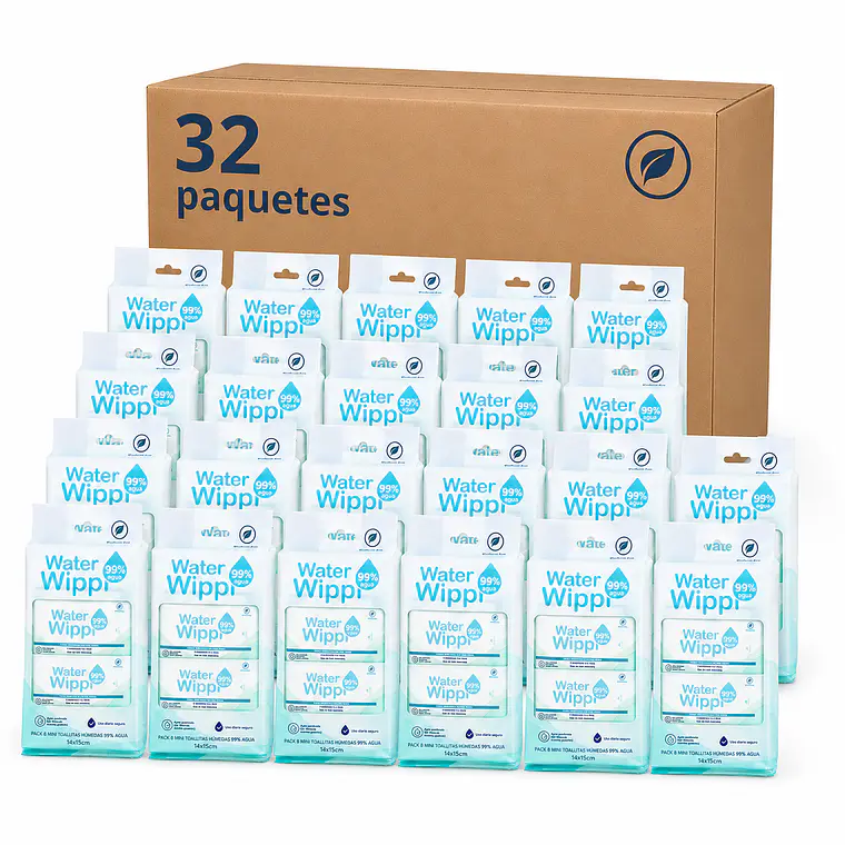Caja 32 Toallitas Húmedas Wippi 99% 💧Water 32x64 unid. 🌿Bio 1