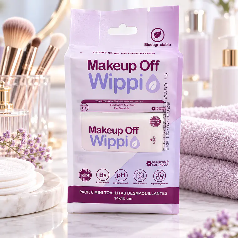 Mini Toallitas Húmedas Desmaquillantes Wippi 🌼Makeup Off 64 unid.🌿Biodegradables 2
