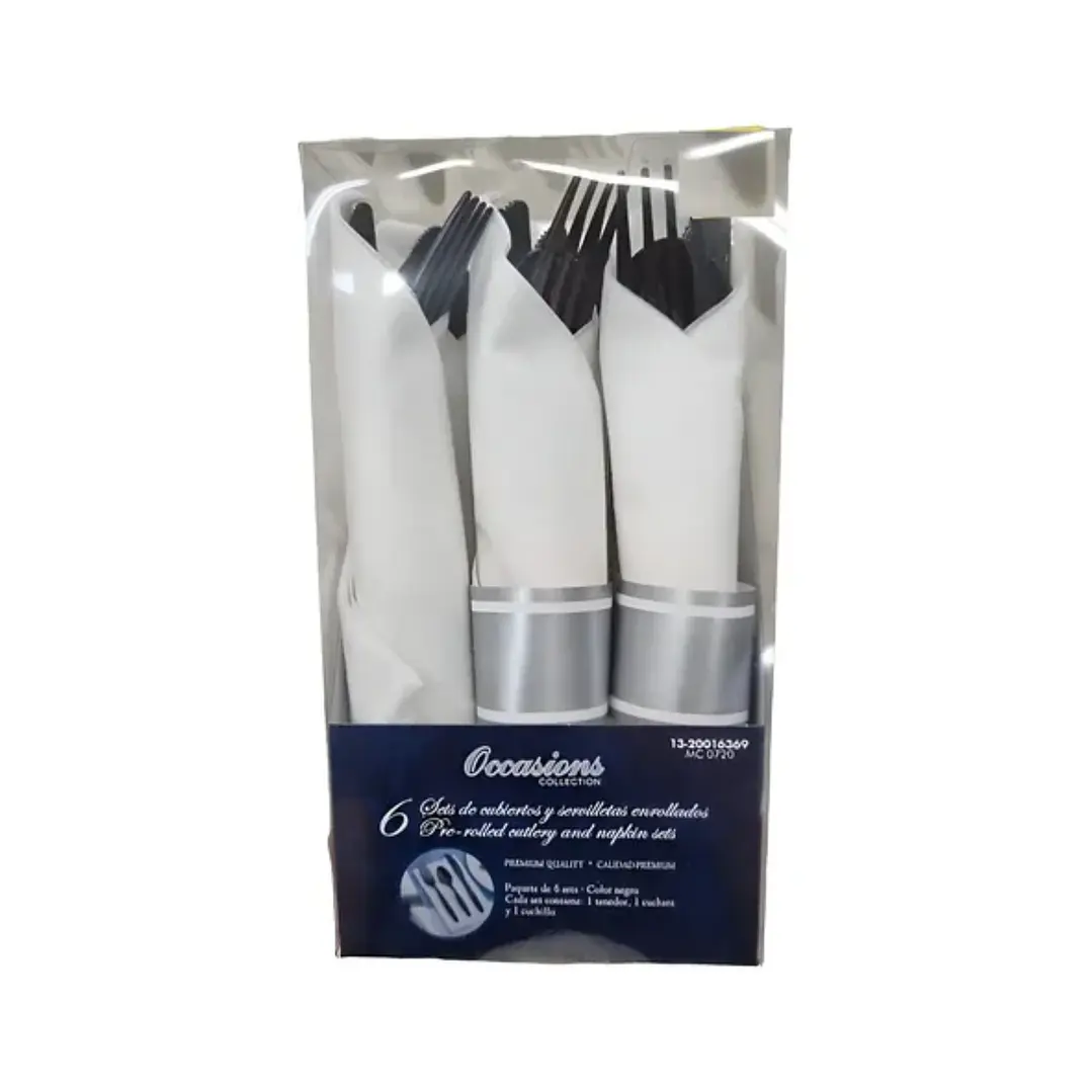 Set Cubiertos y Servilletas Preenrollados Negros Pack 1