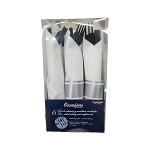 Set Cubiertos y Servilletas Preenrollados Negros Pack