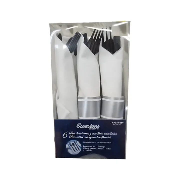 Set Cubiertos y Servilletas Preenrollados Negros Pack 1