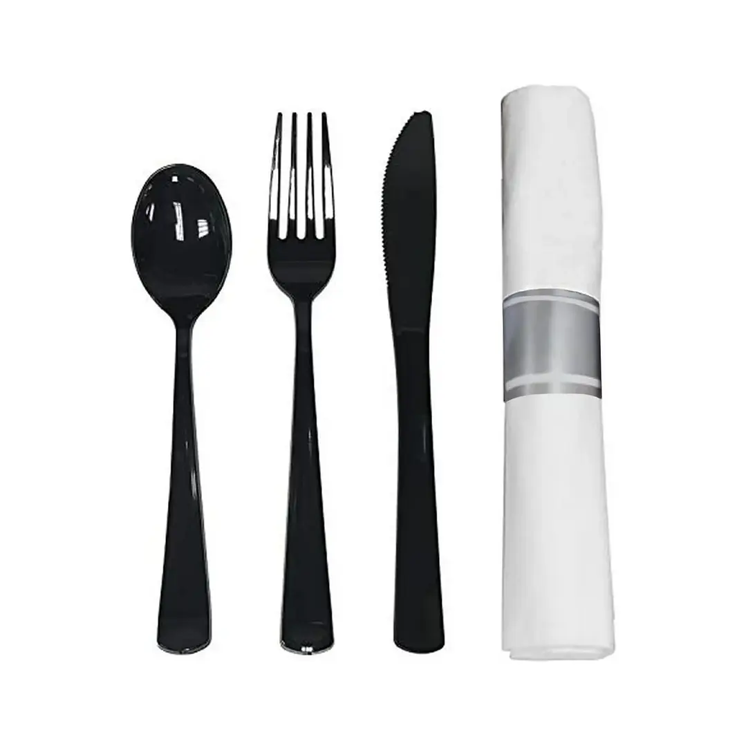 Set Cubiertos y Servilletas Preenrollados Negros Pack 2
