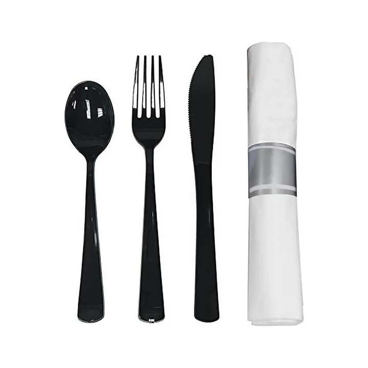 Set Cubiertos y Servilletas Preenrollados Negros Pack 2
