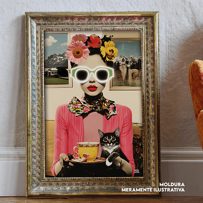 Quadro decorativo neon collage gato e mulher