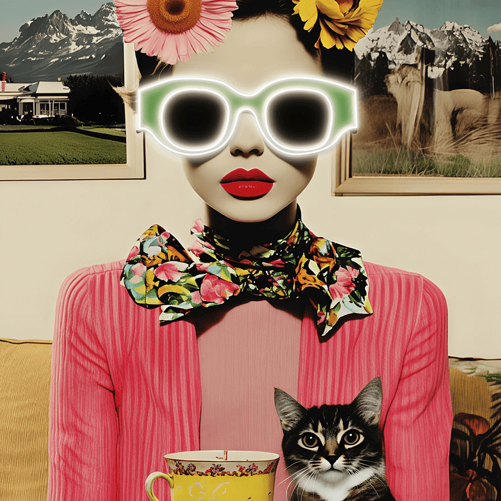 Quadro decorativo neon collage gato e mulher 2