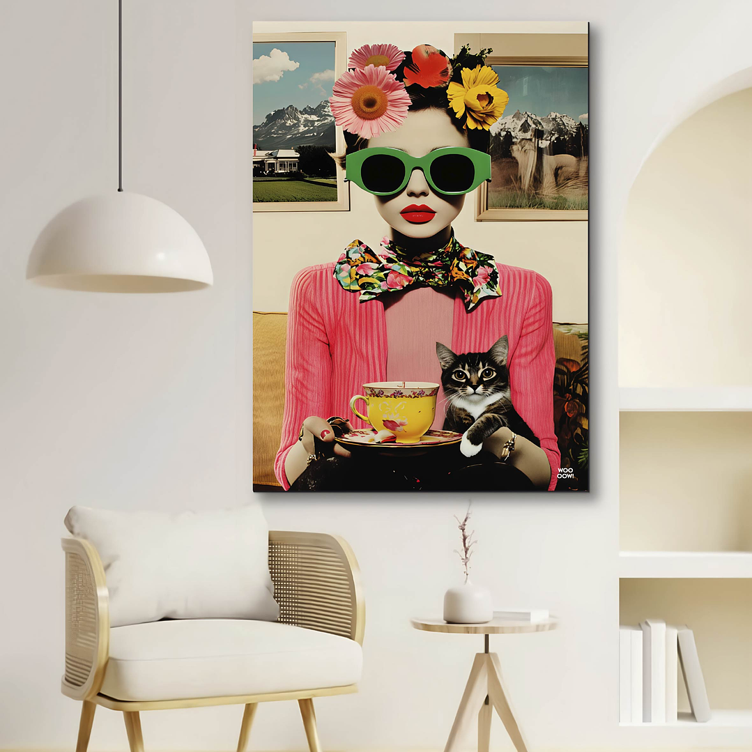 Placa decorativa sem neon collage gato e mulher 1