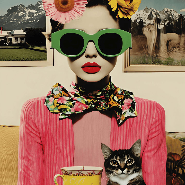 Placa decorativa sem neon collage gato e mulher 2