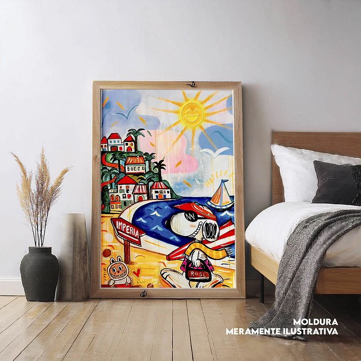 Quadro decorativo neon mulher Snoppy na praia 1