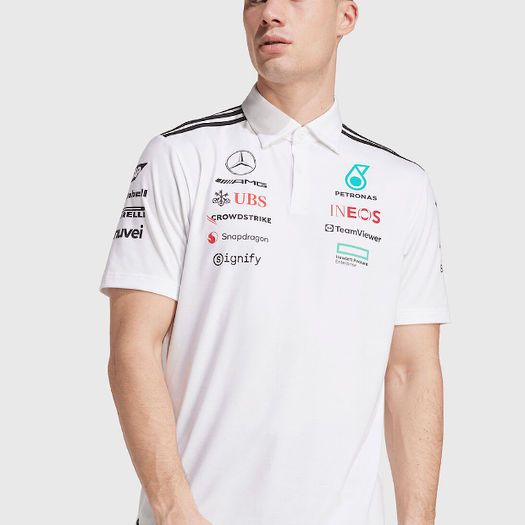 Camisola Polo Branca da Mercedes Benz para a temporada de Fórmula 1 de 2025 3
