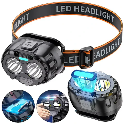 Lanterna frontal LED recarregável, compacta e resistente (IPX4), ideal para campismo, pesca, caminhadas, corrida e uso de emergência