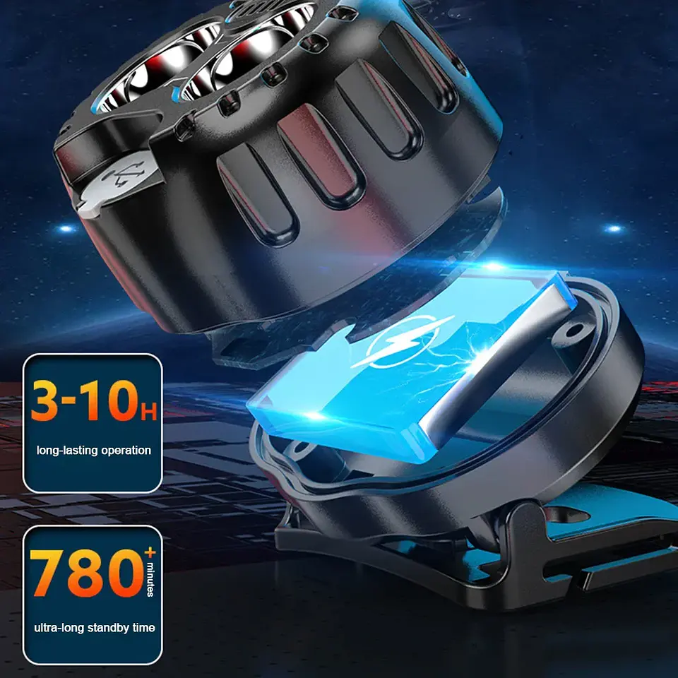 Lanterna frontal LED recarregável, compacta e resistente (IPX4), ideal para campismo, pesca, caminhadas, corrida e uso de emergência 5