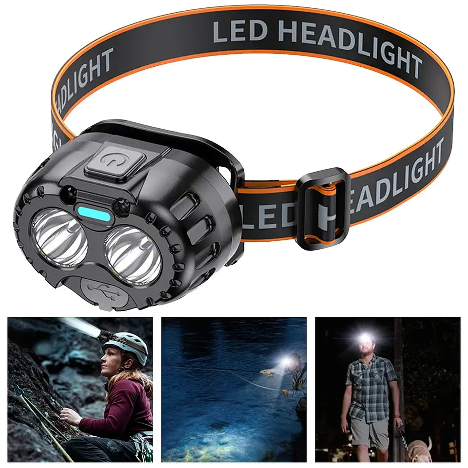 Lanterna frontal LED recarregável, compacta e resistente (IPX4), ideal para campismo, pesca, caminhadas, corrida e uso de emergência 6