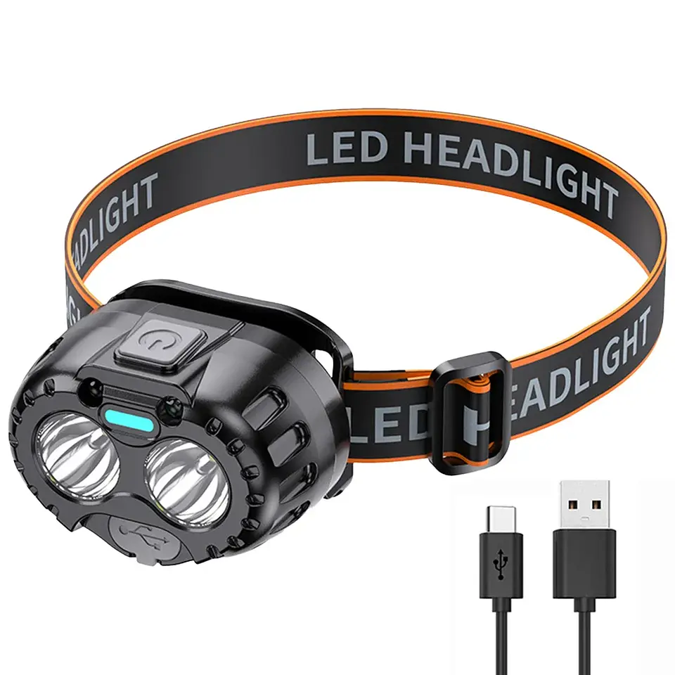 Lanterna frontal LED recarregável, compacta e resistente (IPX4), ideal para campismo, pesca, caminhadas, corrida e uso de emergência 7