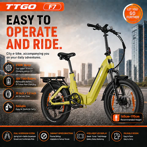  Bicicleta Elétrica TTGO F7 | 20" Dobrável com Suspensão Total e 120 km de Autonomia