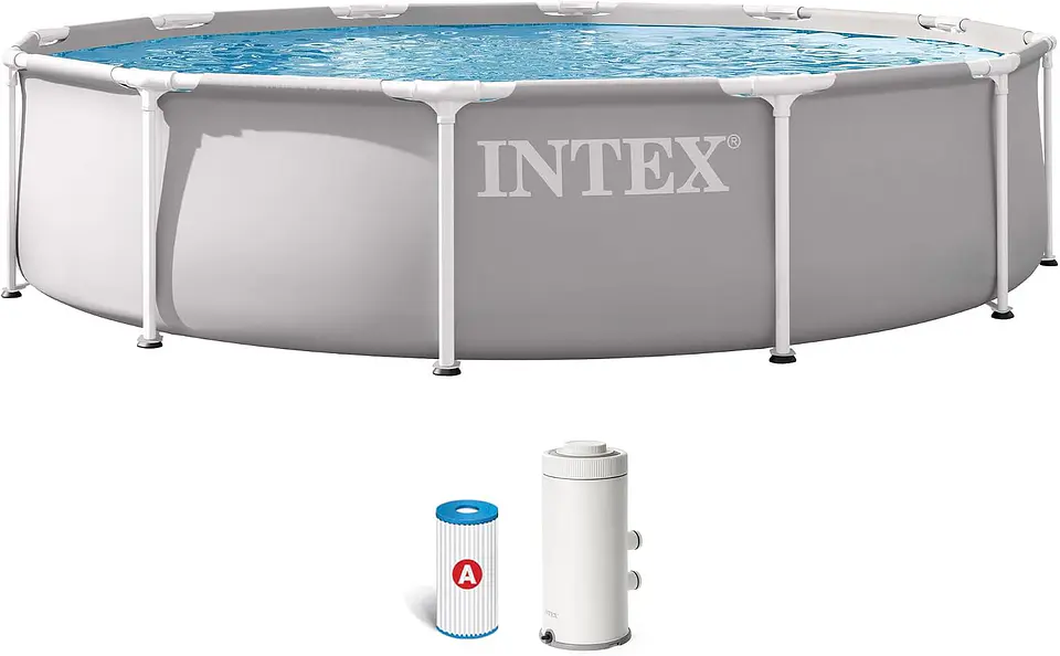 Intex - Piscina Desmontável, Cinza, D366 x 76 cm, Capacidade para 6.503 litros, Estrutura Metálica, Ideal para 5 Pessoas, Montagem em 30 Minutos, Conexões para Depuradora Ø32 mm (5... 1