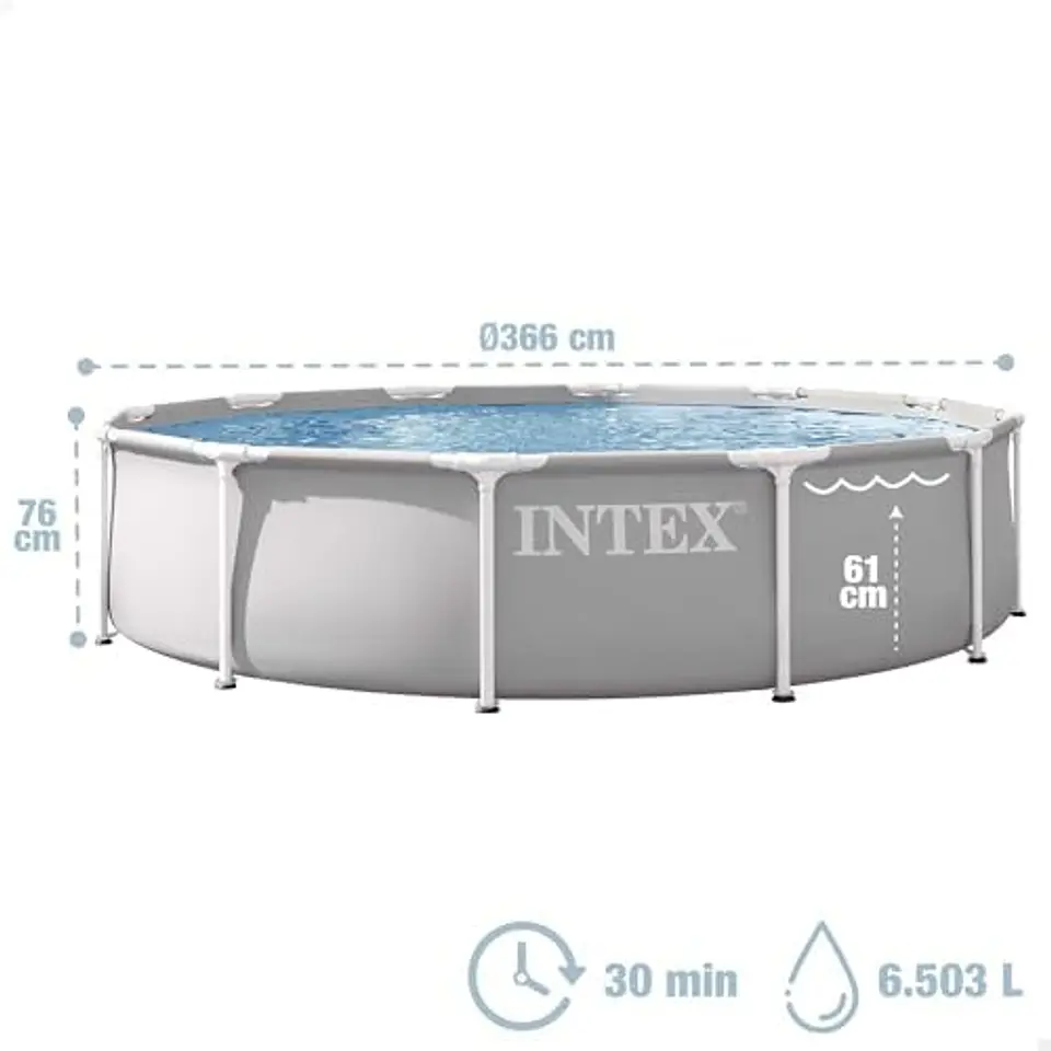 Intex - Piscina Desmontável, Cinza, D366 x 76 cm, Capacidade para 6.503 litros, Estrutura Metálica, Ideal para 5 Pessoas, Montagem em 30 Minutos, Conexões para Depuradora Ø32 mm (5... 5
