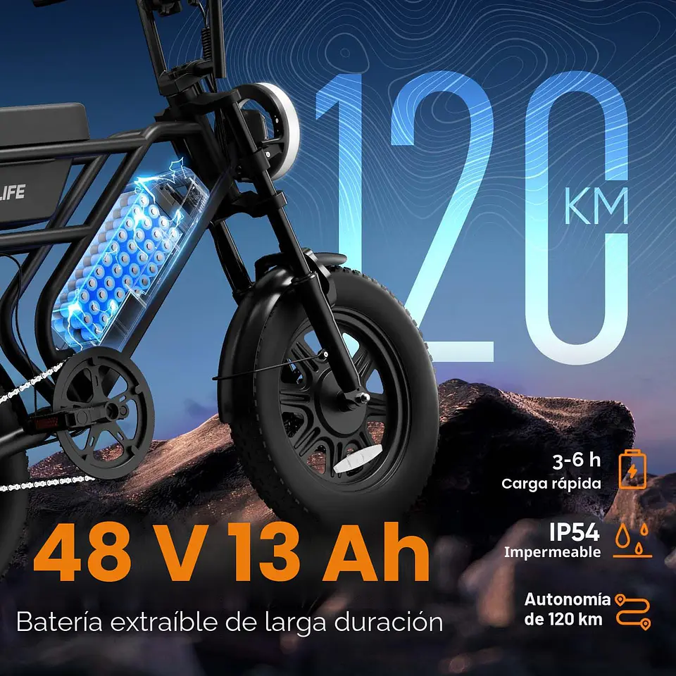 URLIFE Bicicleta Elétrica de 16" x 3,0, Bateria Extraível de 48 V e 13 Ah, Motor Sem Escovas de 250 W, Autonomia de 100 km, Bicicleta Elétrica com Dupla Suspensão, E-Bike para... 3