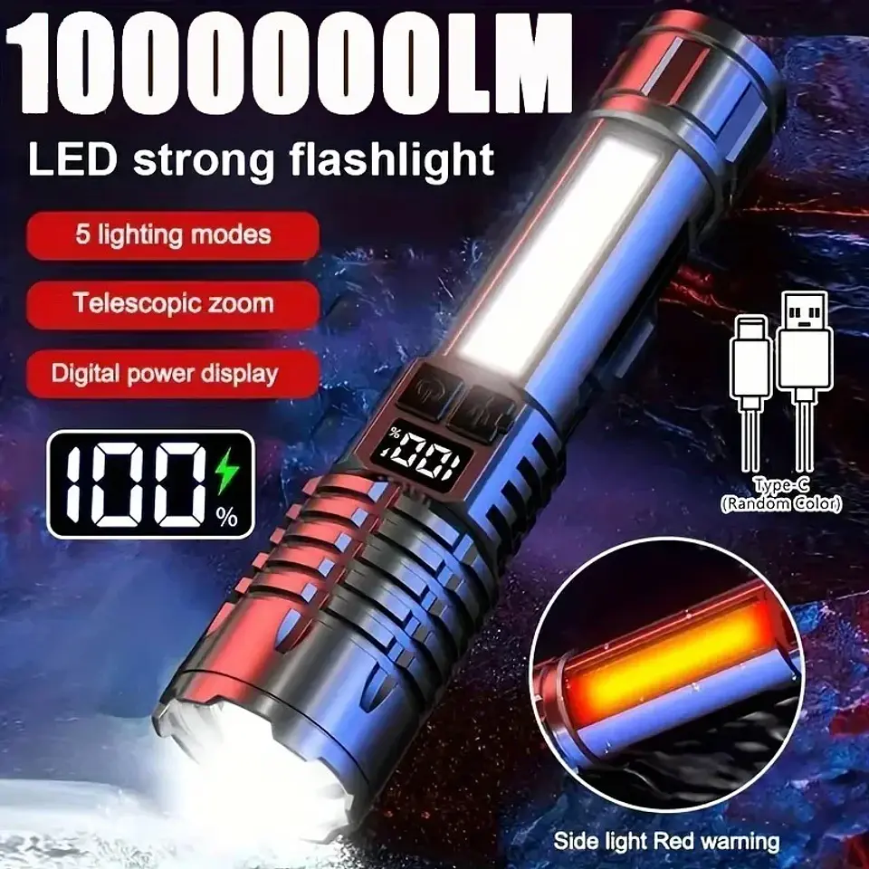 Lanterna LED COB de Alta Potência | Recarregável USB-C com Luz Lateral  1