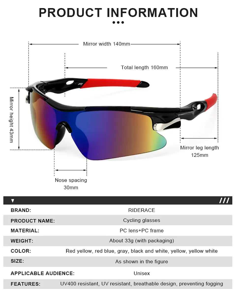  Óculos de Ciclismo RIDERACE | Proteção UV400 para MTB e Estrada 6