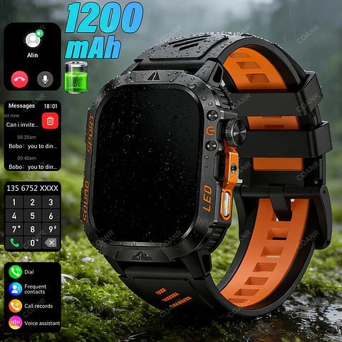  Smartwatch Masculino Especificamente Desenhado para Atividades ao Ar Livre, Apresentando uma Lanterna LED, uma Bateria Grande, Múltiplos Modos de Desporto Incorporados, um Ecrã Tá...