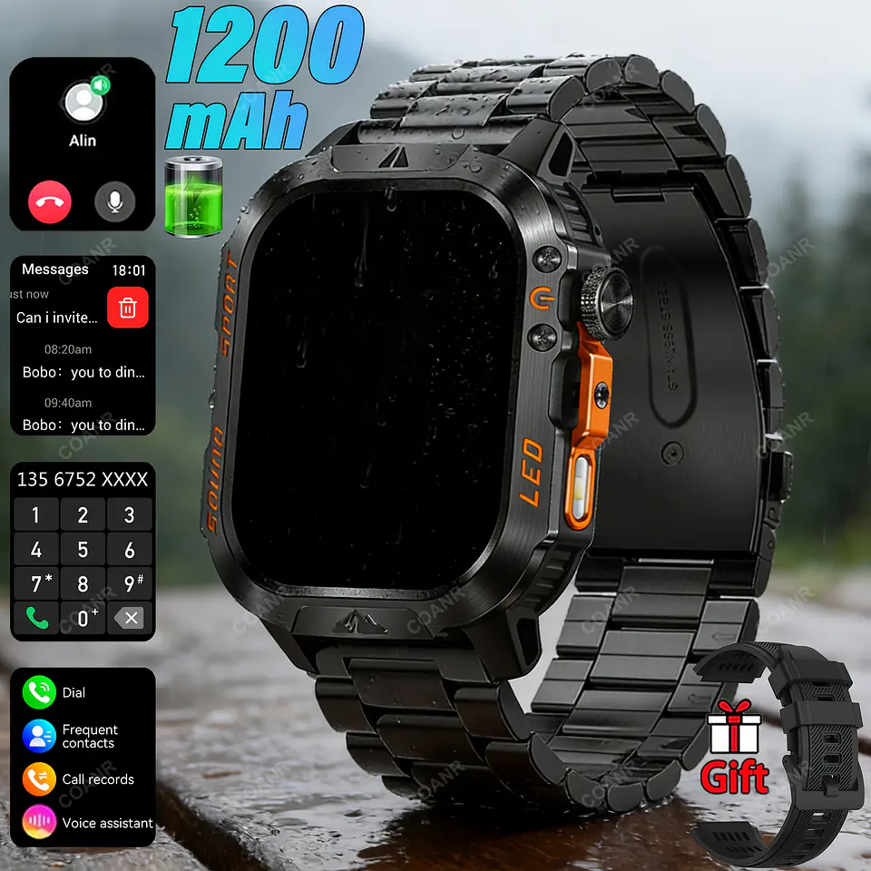 Smartwatch Masculino IP68 com Lanterna LED | Bateria 1200mAh e Ecrã 2.01