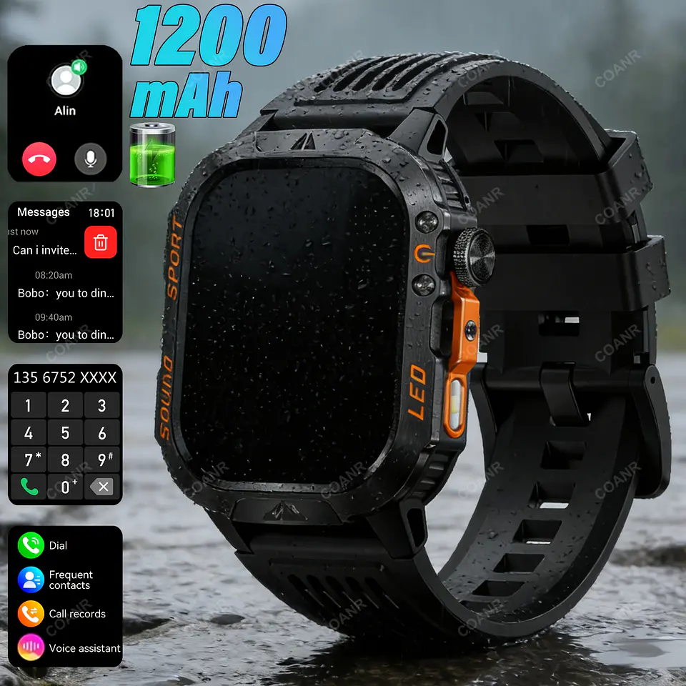 Smartwatch Masculino IP68 com Lanterna LED | Bateria 1200mAh e Ecrã 2.01