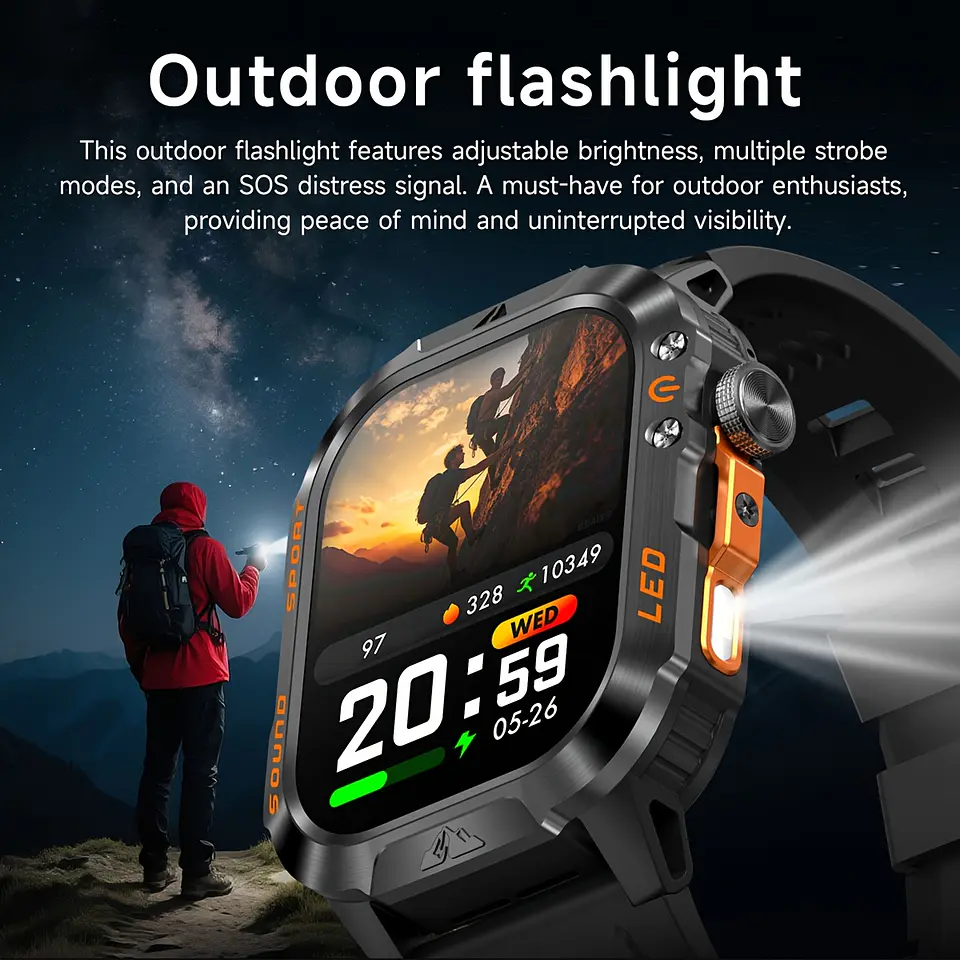 Smartwatch Masculino IP68 com Lanterna LED | Bateria 1200mAh e Ecrã 2.01