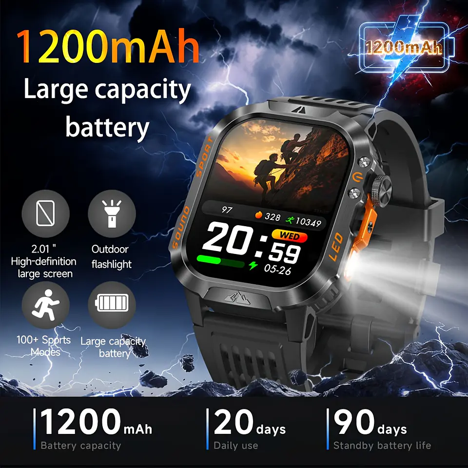 Smartwatch Masculino IP68 com Lanterna LED | Bateria 1200mAh e Ecrã 2.01