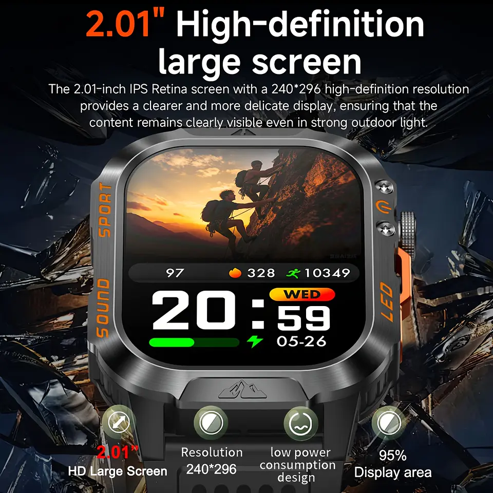 Smartwatch Masculino IP68 com Lanterna LED | Bateria 1200mAh e Ecrã 2.01