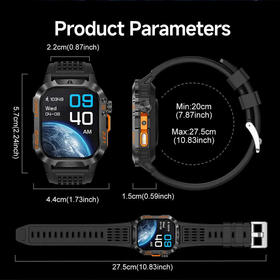 Smartwatch Masculino IP68 com Lanterna LED | Bateria 1200mAh e Ecrã 2.01